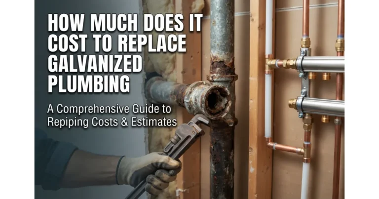 Plumber's hand holding a pipe wrench next to heavily corroded galvanized pipe and new PEX/copper plumbing