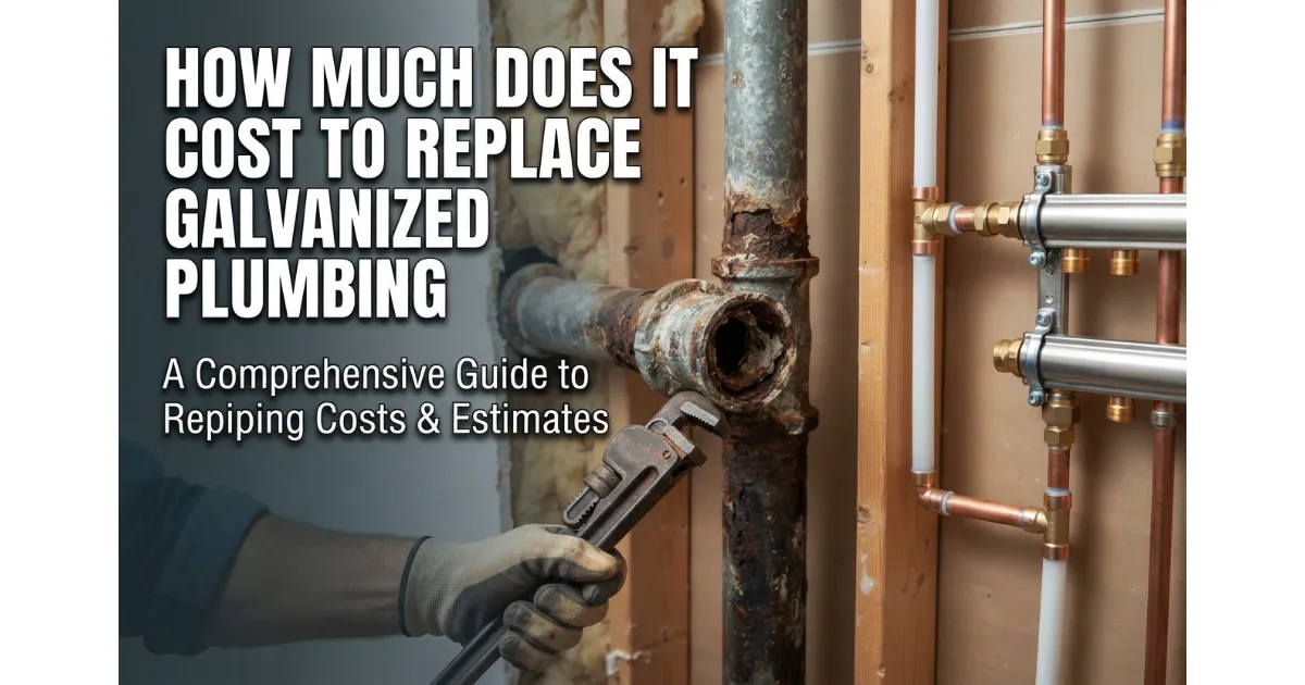 Plumber's hand holding a pipe wrench next to heavily corroded galvanized pipe and new PEX/copper plumbing