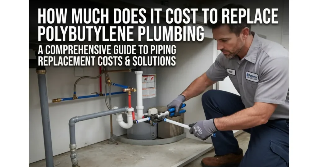 Professional plumber working on pipe replacement and polybutylene plumbing system