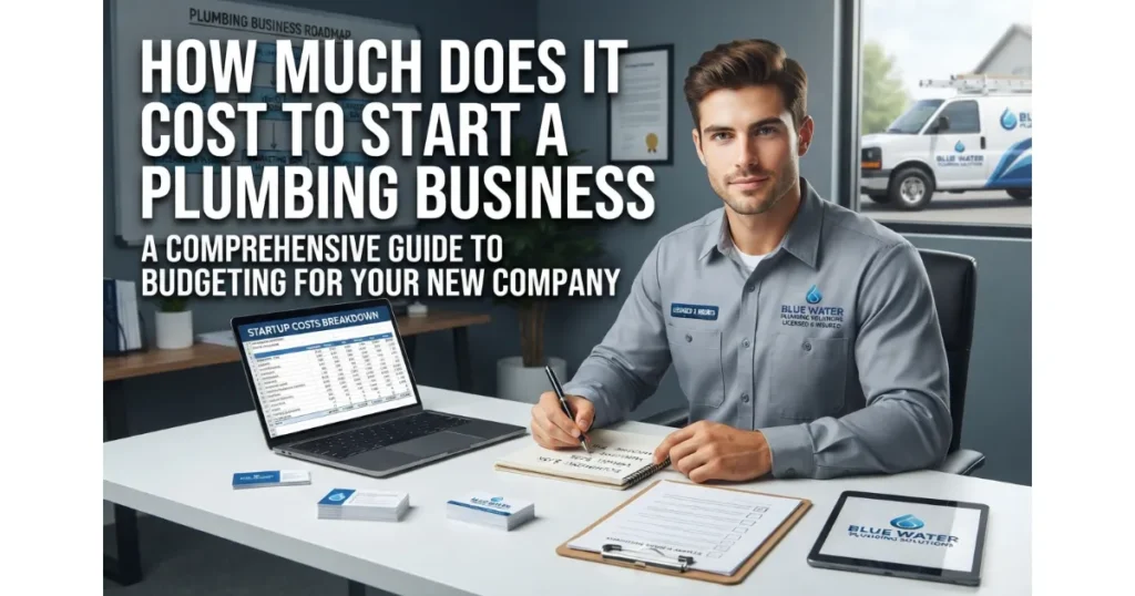 A professional plumber in an office with a laptop showing startup costs and a company van outside, representing the topic of starting a plumbing business.