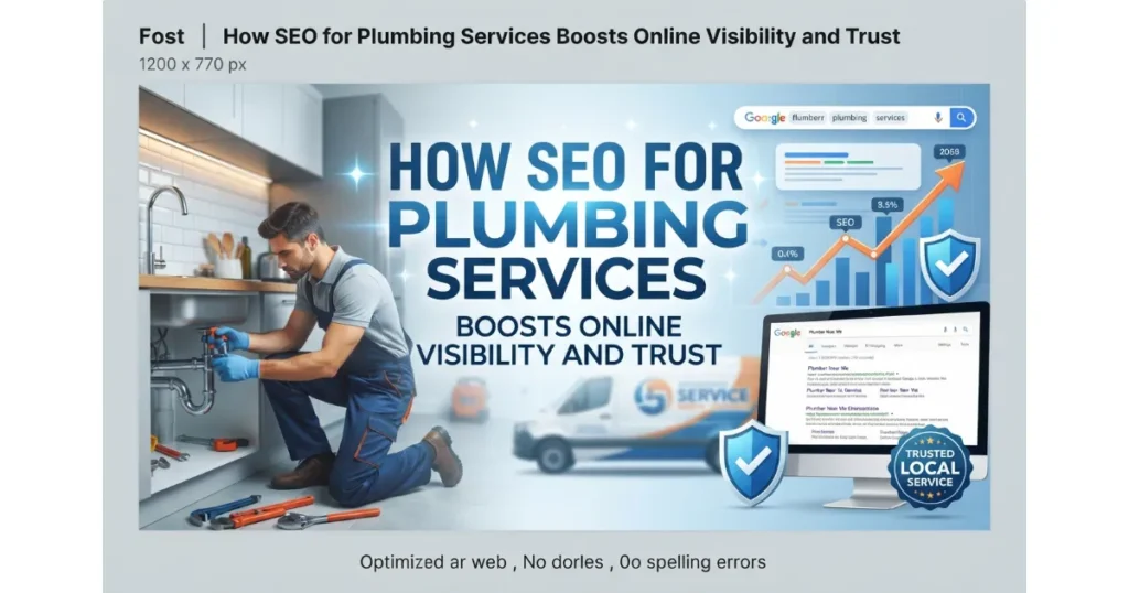 Professional plumber working under a sink with digital SEO visibility and trust metrics in the background