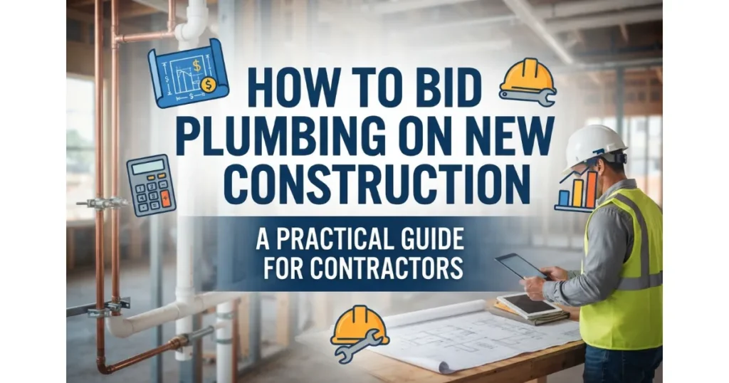 A construction site with exposed plumbing pipes and a contractor in a hard hat reviewing plans on a tablet, illustrating a guide on bidding for new construction plumbing jobs.