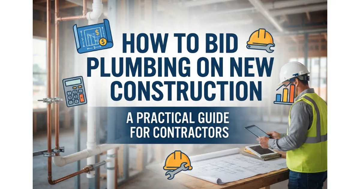 A construction site with exposed plumbing pipes and a contractor in a hard hat reviewing plans on a tablet, illustrating a guide on bidding for new construction plumbing jobs.