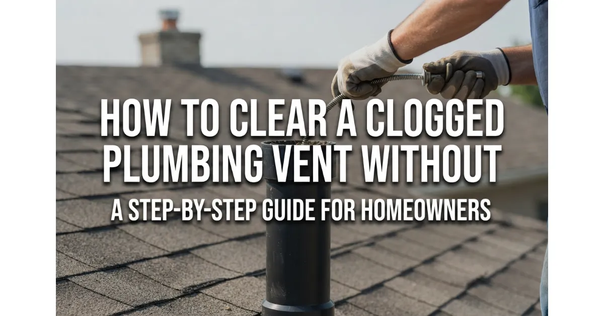 A gloved hand using a plumbing snake to clear debris from a rooftop plumbing vent pipe.