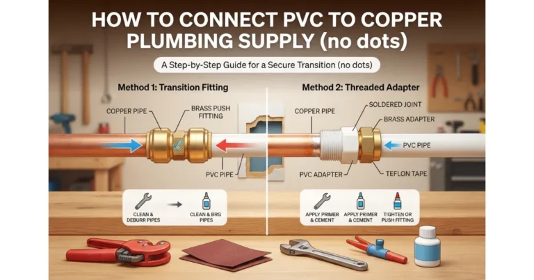 A step-by-step guide infographic showing two methods to connect PVC to copper pipes: brass push fitting and threaded adapter.
