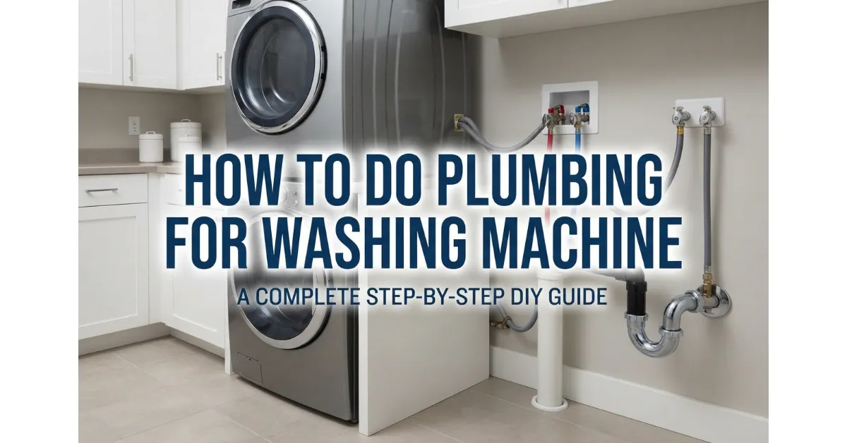 Stacked washing machine and dryer unit in a modern laundry room with visible plumbing connections, including hot and cold water supply valves and a P-trap drain pipe.