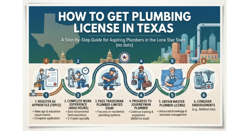 An infographic timeline titled "How to Get Plumbing License in Texas" showing the 6 steps from apprentice registration to master plumber and endorsements.