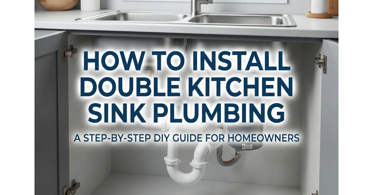Detailed view of double kitchen sink plumbing with garbage disposal installed under a cabinet, with text overlay: How to Install Double Kitchen Sink Plumbing.