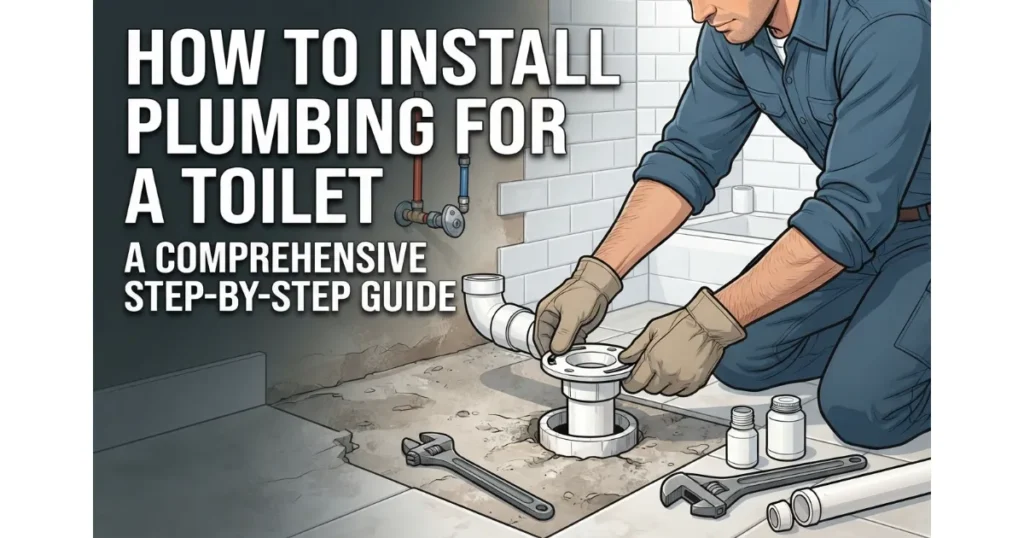 Plumber kneeling on a bathroom floor, wearing work gloves and connecting a PVC toilet flange to the drain pipe.