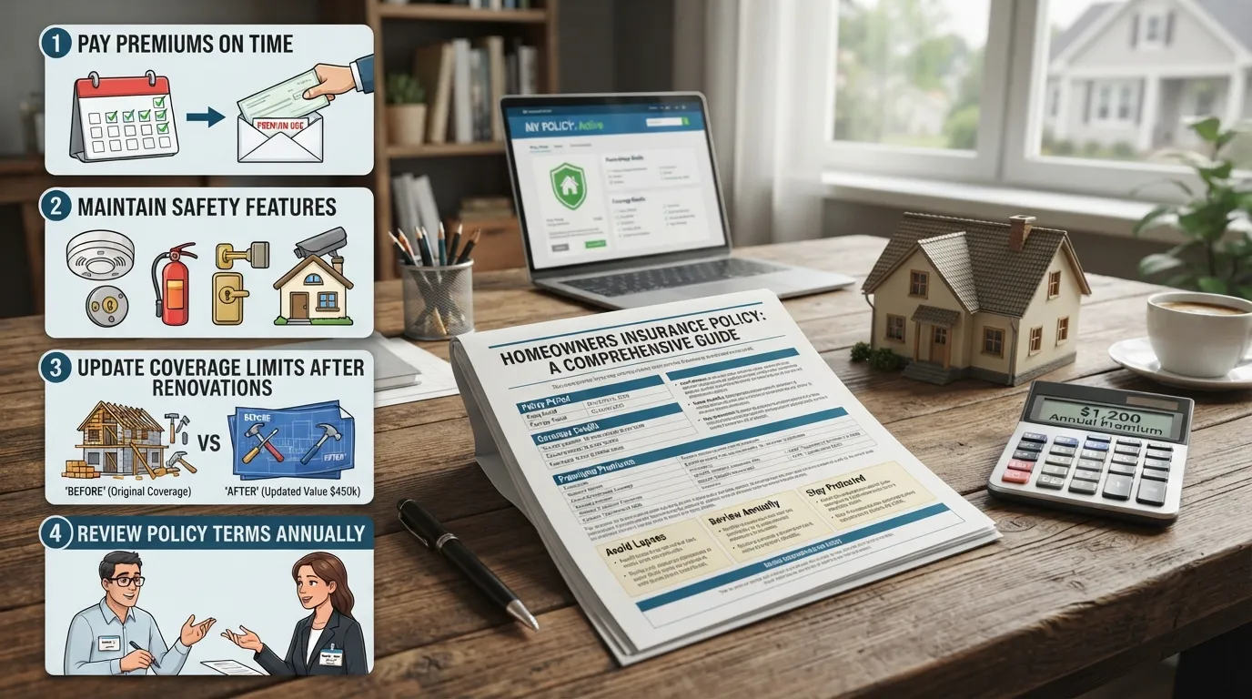 A homeowner reviewing a homeowners insurance policy document at a desk with a house model, highlighting policy maintenance and coverage tips.