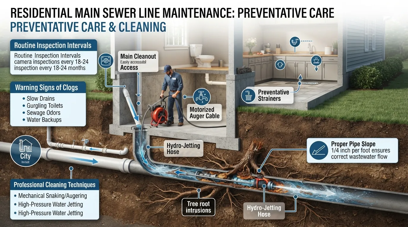 Cutaway diagram and plumber using a motorized sewer snake machine to clean and clear roots and debris from a residential main sewer line pipe.