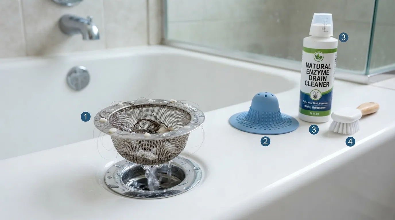 Practical demonstration of how to prevent bathtub clogs using a drain strainer, hair catcher, and regular cleaning tools to keep plumbing clear.