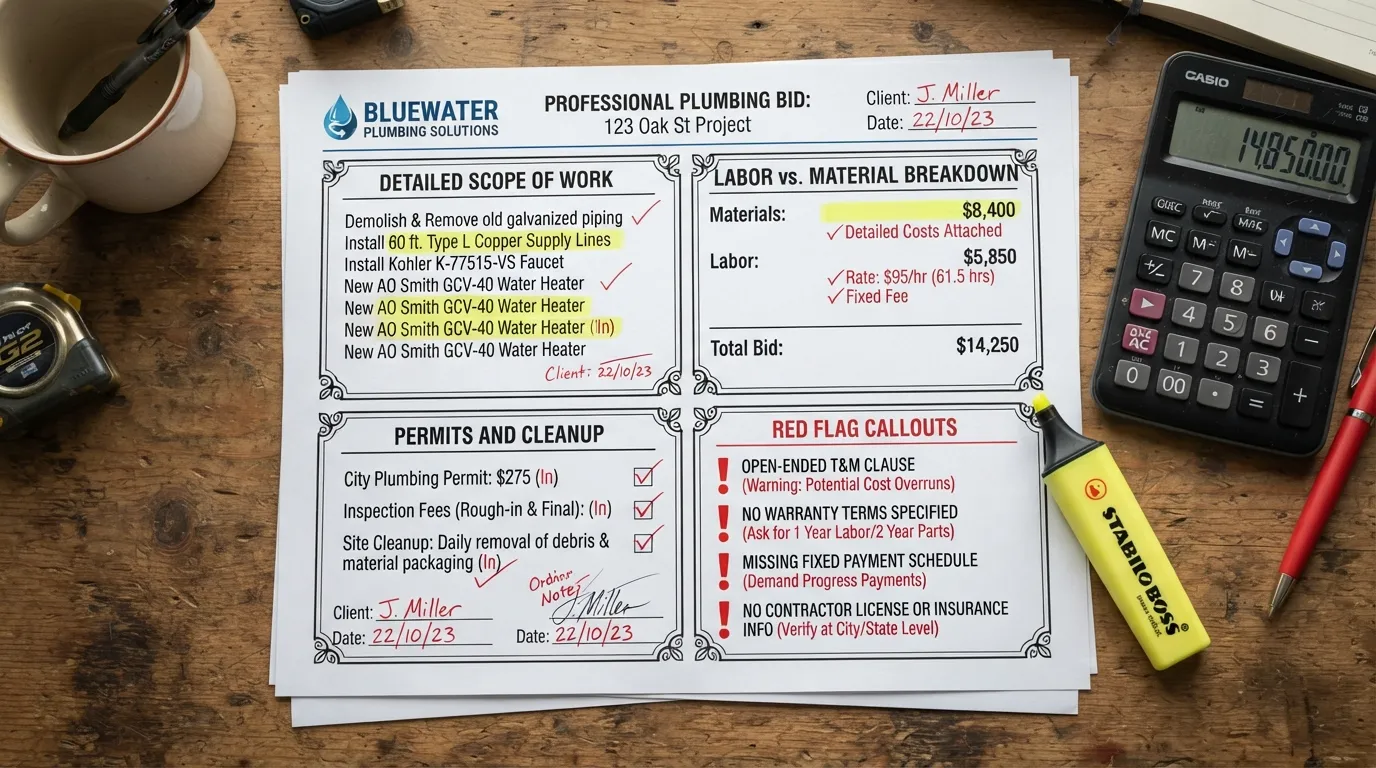 A homeowner reviewing a detailed plumbing contract and cost estimate, highlighting red flags like missing line items and vague pricing.