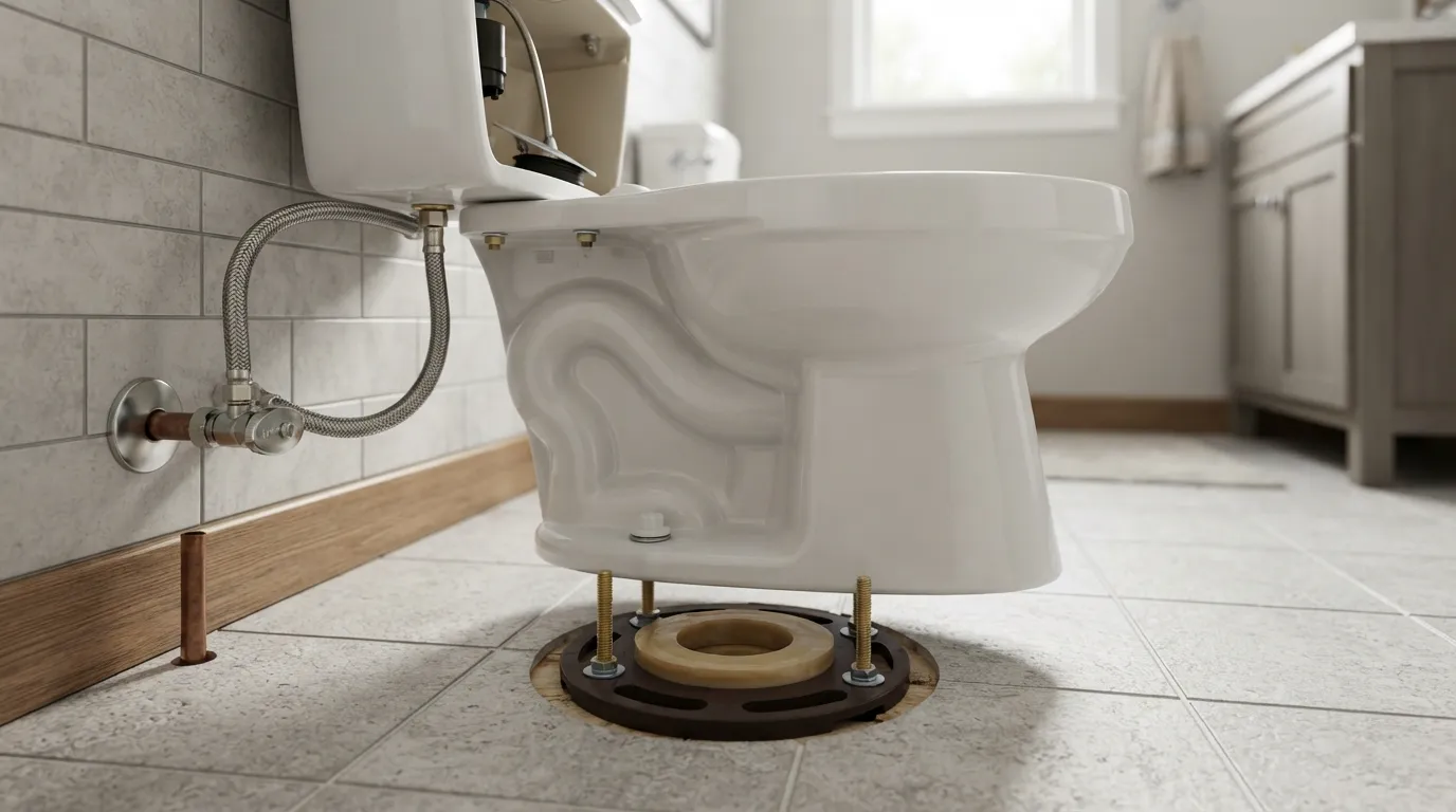 Step-by-step assembly of a toilet installation showing the wax ring, floor bolts, toilet bowl, tank, and water supply line connected.
