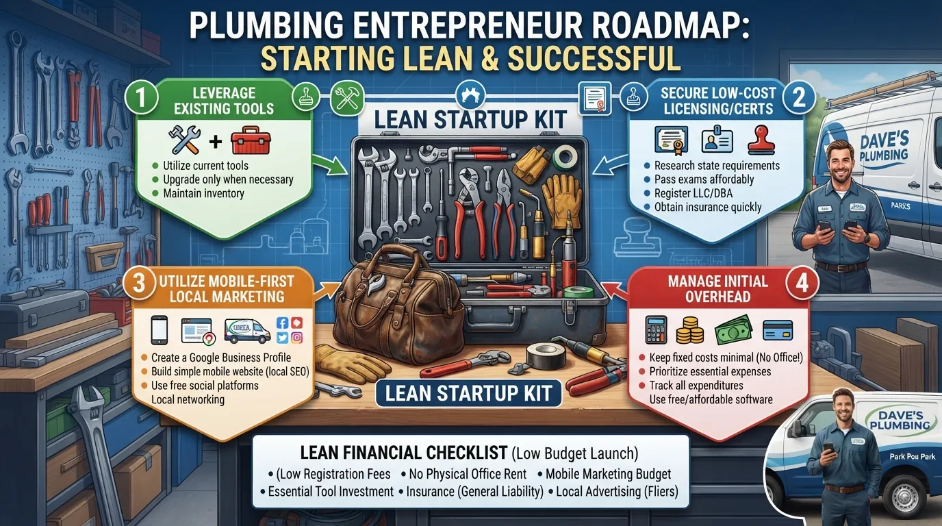 A practical roadmap illustration showing a toolbox, wrench, and a startup budget checklist for launching a plumbing business with little money.