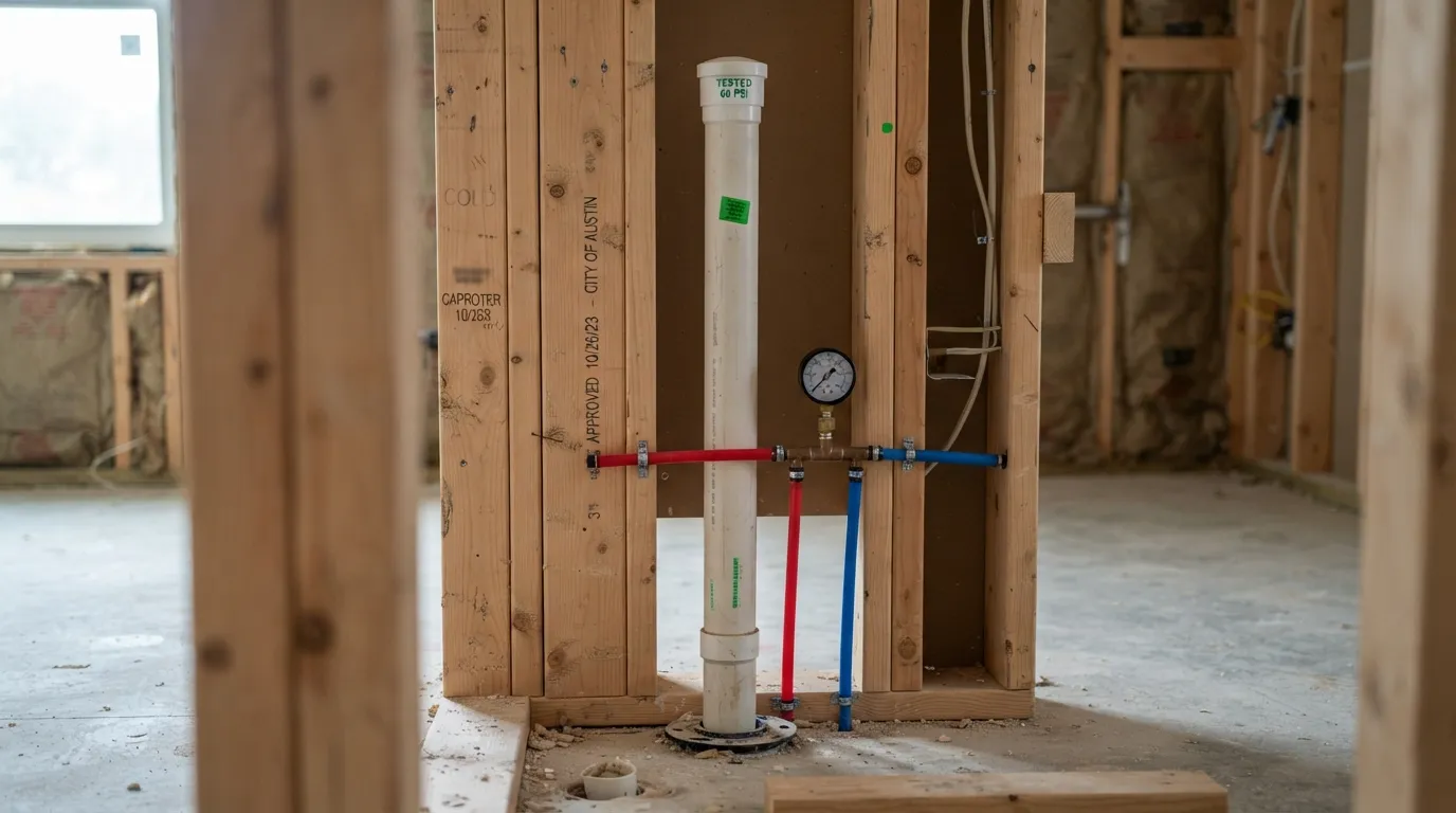 A plumber performing a pressure test on rough-in toilet plumbing pipes and waste drain lines with a test gauge before drywall installation.