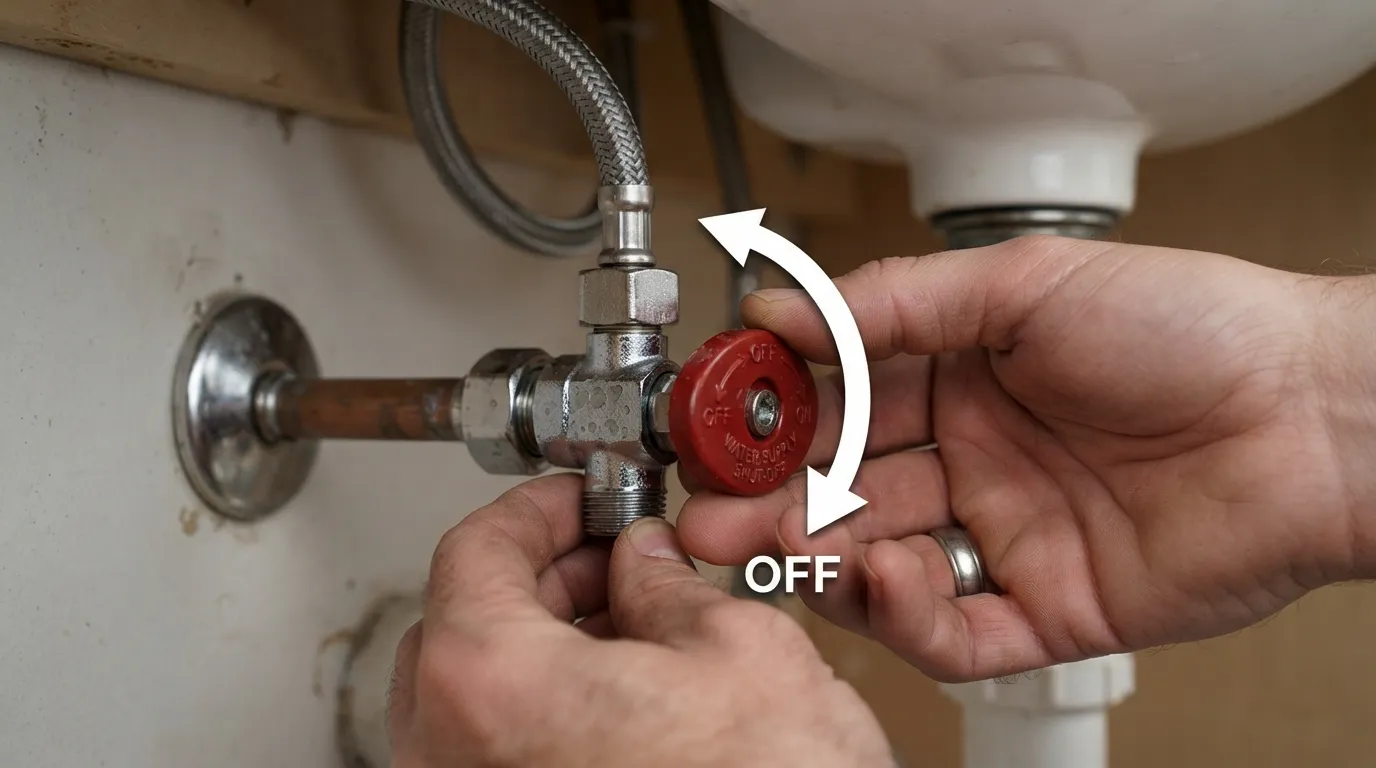 Close-up of hands turning a plumbing angle stop valve clockwise to shut off the water supply under a sink.