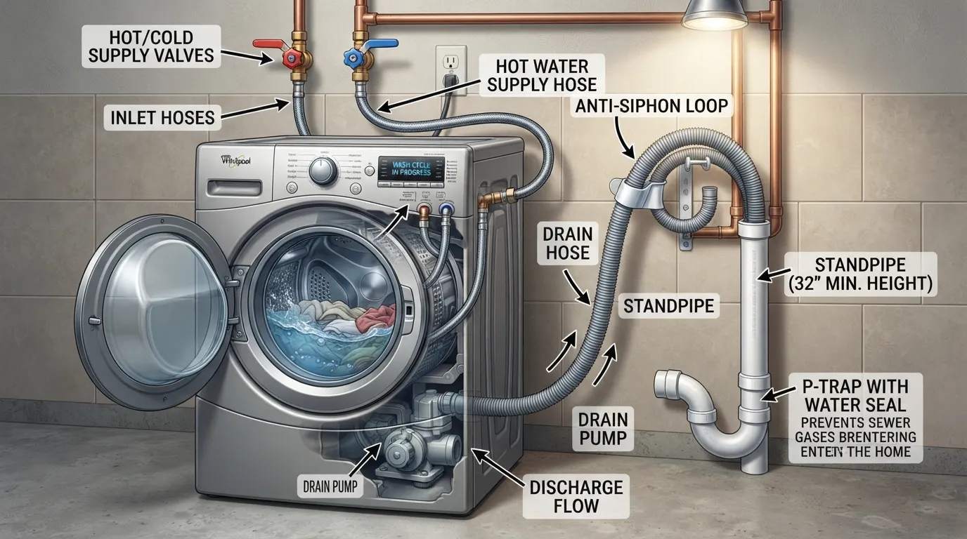 Diagram showing how washing machine plumbing works, including water supply inlet hoses and wastewater drainage pipes.