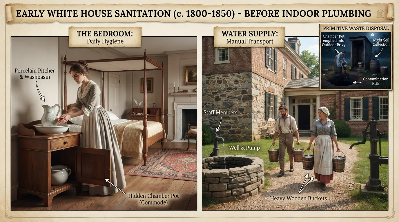 Historical illustration and diagram showing 18th-century White House conditions before indoor plumbing, including chamber pots, washbasins, and water carrying methods.