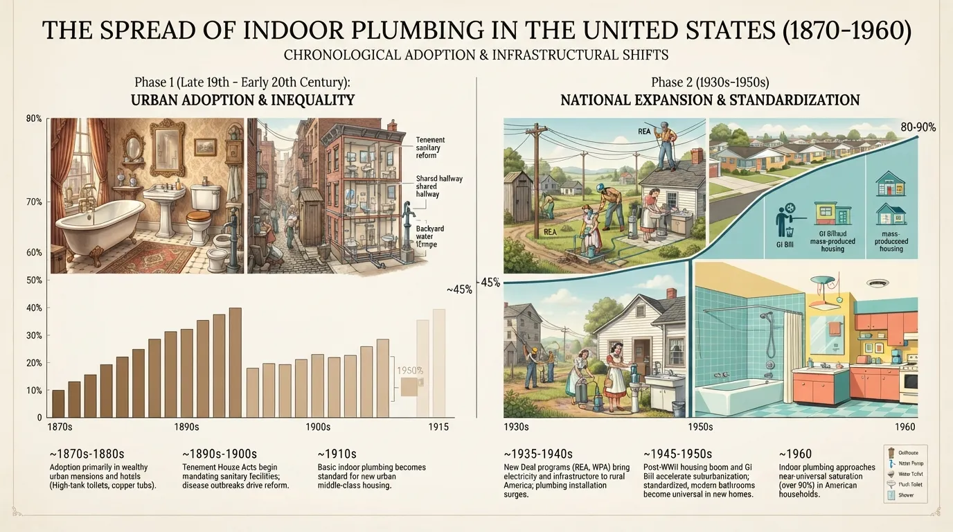 Historical timeline graphic showing the adoption of indoor plumbing in American homes from the late 19th century to the mid-20th century.