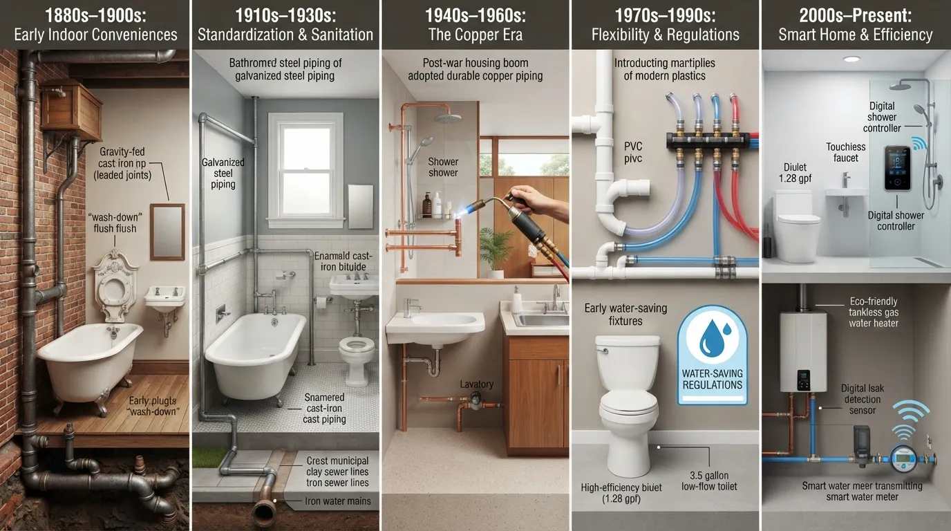 A historical chart and vintage photographs tracing the evolution of indoor plumbing technology decade by decade from the 1800s to modern times.