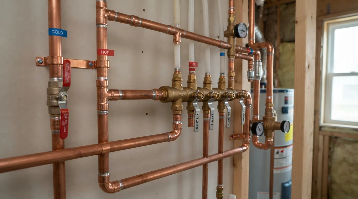A professional plumber inspecting and soldering modern copper water supply pipes in a residential home setup.
