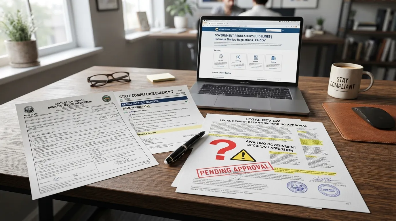 A business owner reviewing state compliance documents and a legal checklist at a desk, illustrating licensing and legal requirements for starting a business.