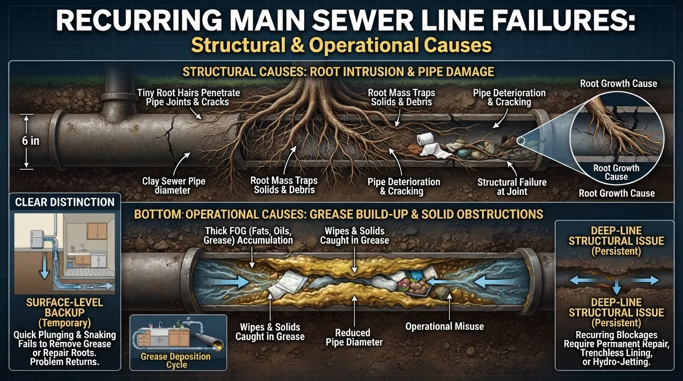 Cross-section diagram of a main sewer line showing tree roots invading a pipe and grease buildup causing a recurring clog.