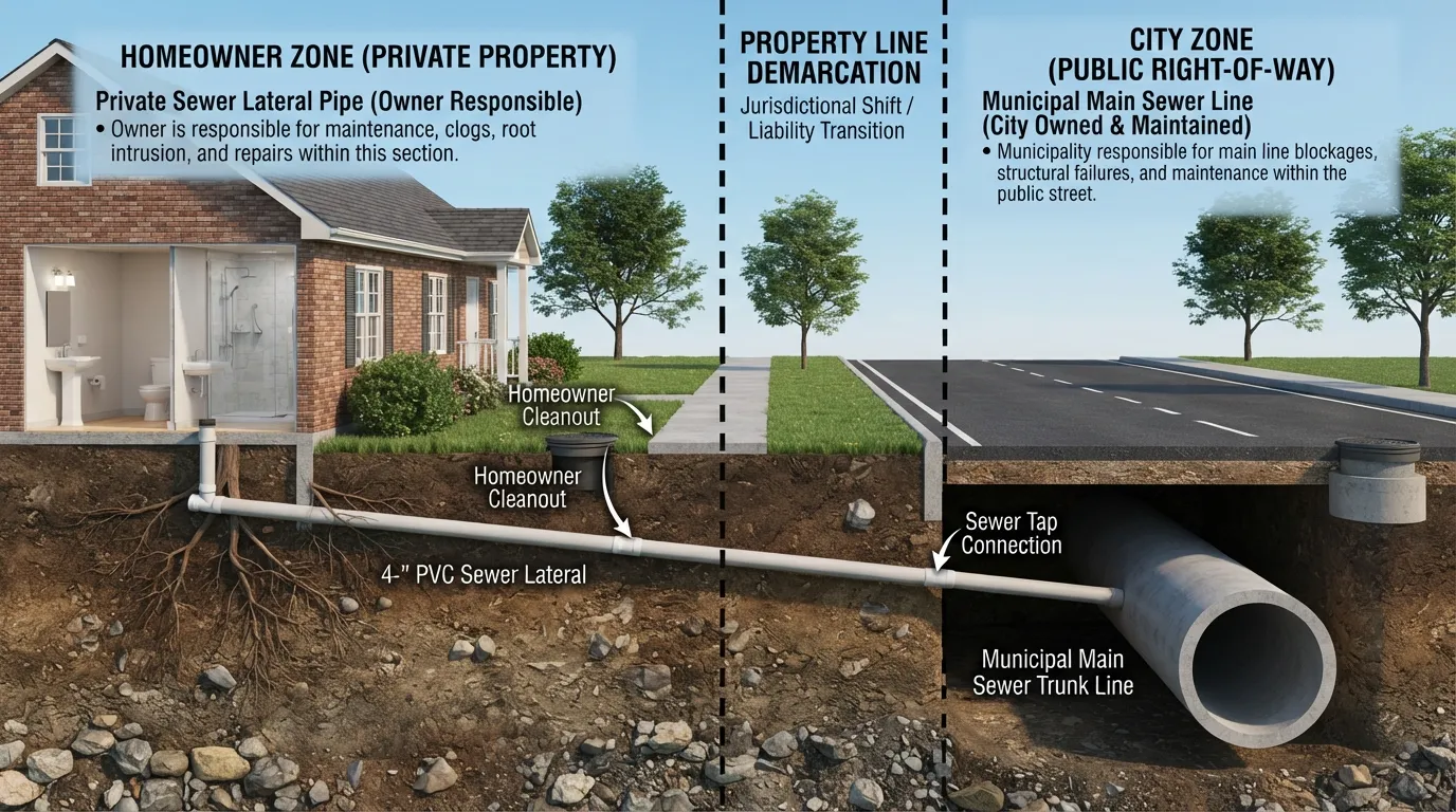 Infographic diagram illustrating the property line boundary showing homeowner responsibility for the private sewer lateral and city responsibility for the municipal main line in the street.