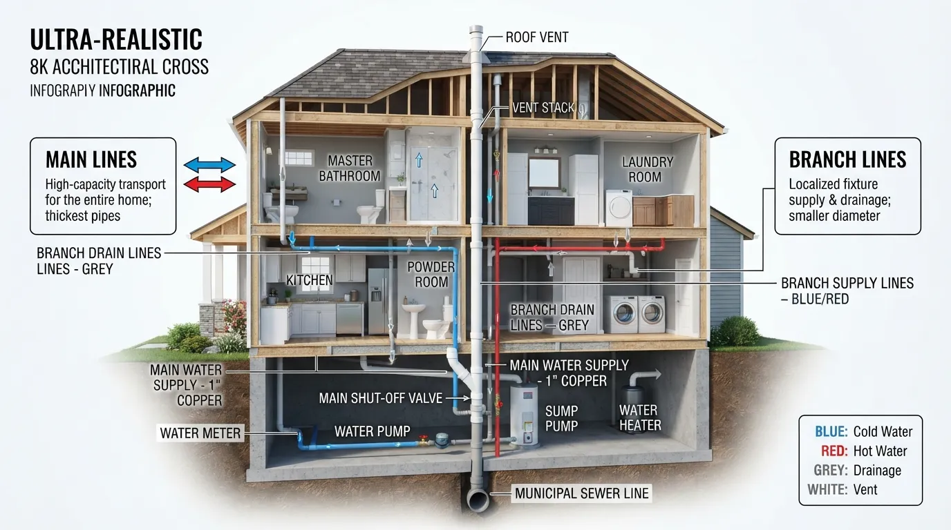 Plumbing system diagram illustrating how a central main sewer line connects to various branch lines supplying water and drainage to home fixtures.