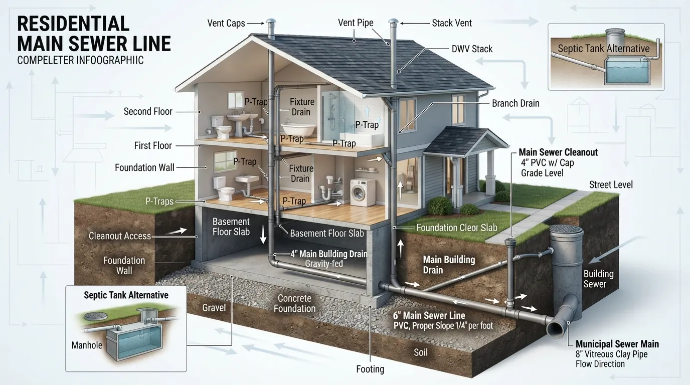 Cutaway diagram of a residential plumbing system showing the main sewer line drain connecting household plumbing fixtures to the city municipal sewer main.