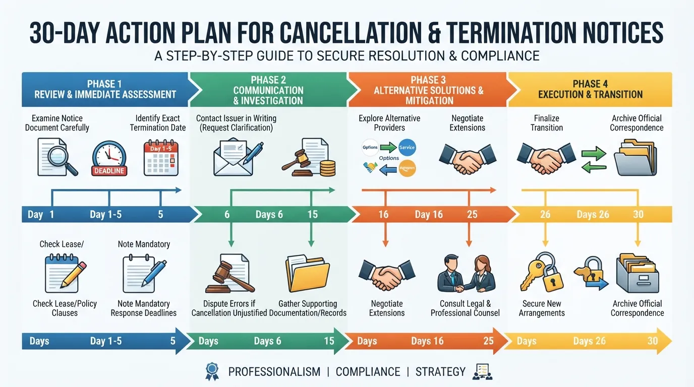 A timeline flowchart outlining a 30-day action plan with steps for responding to a non-renewal or cancellation notice.