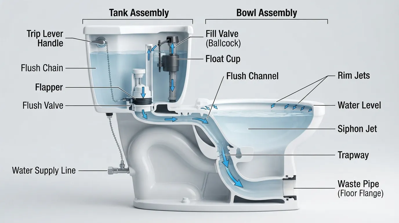 Cross-section diagram illustrating the key parts of a water closet, including the tank, flush valve, flapper, fill valve, bowl, and trapway.