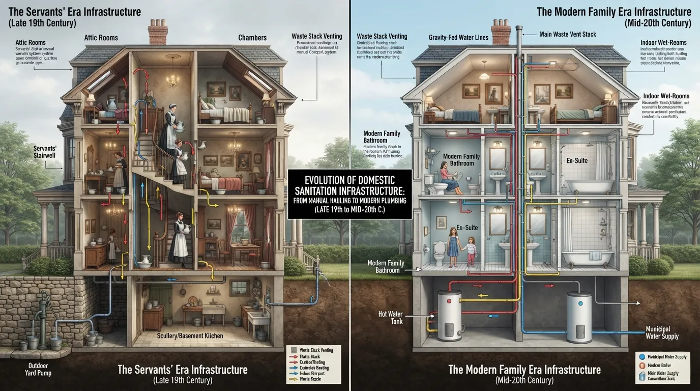 A historical architectural diagram comparing a multi-story Victorian home layout, contrasting core family living quarters equipped with integrated indoor plumbing versus isolated basement service areas.