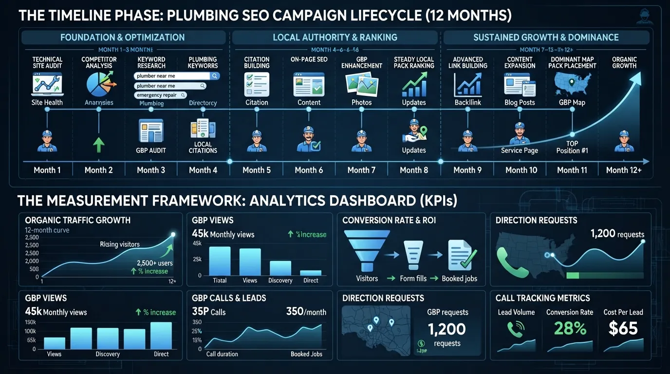 A digital analytics dashboard and timeline graph illustrating the multi-month progression of plumbing SEO results, organic traffic growth, and key performance metrics.