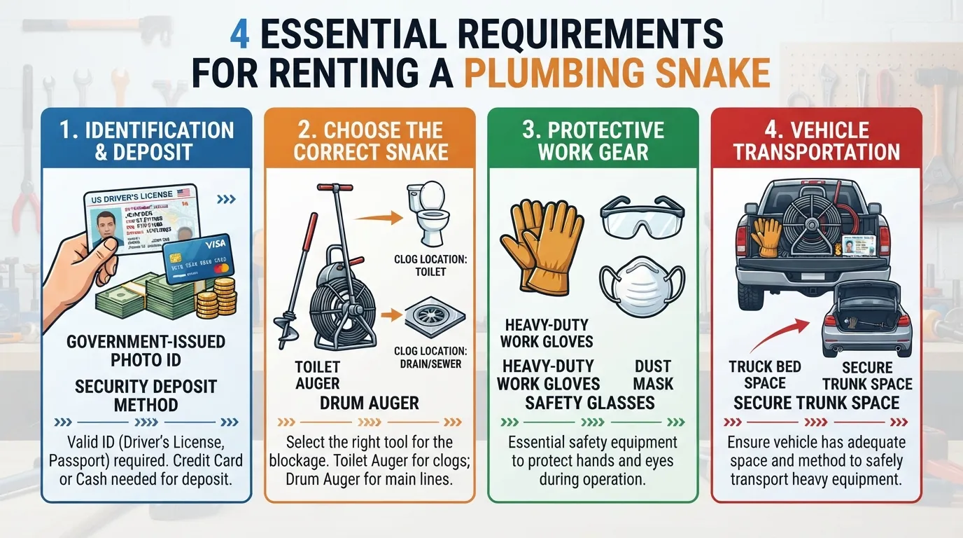 A complete checklist of tools and identification items needed to rent a plumbing snake, including a valid ID, deposit payment card, and gloves.