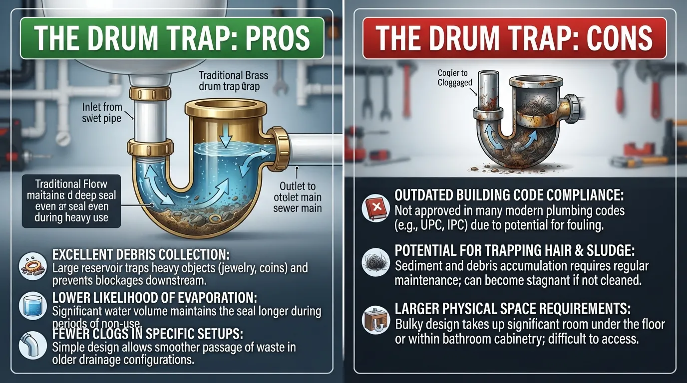 Comparison chart and cutaway view highlighting the advantages and disadvantages of a plumbing drum trap.