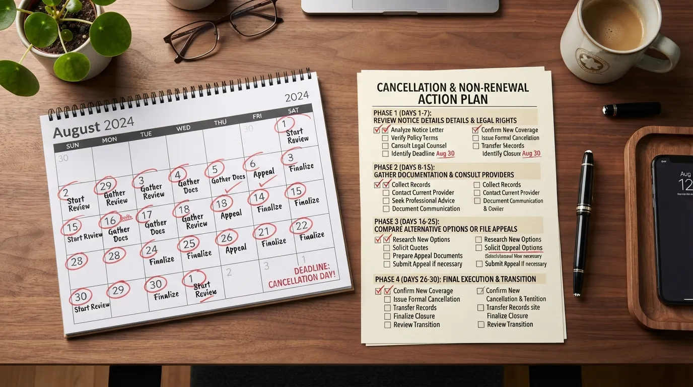 A 30-day timeline checklist and calendar on a desk, outlining step-by-step actions to take after receiving an insurance policy or contract cancellation notice.