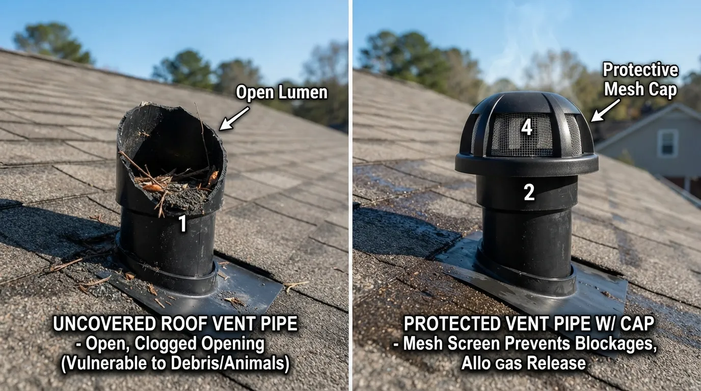 A close-up view of a standard plumbing roof vent pipe with and without a protective cap, illustrating the correct setup to prevent debris while maintaining airflow.