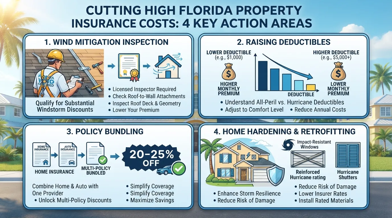 Infographic illustrating smart ways to lower Florida home insurance costs, featuring icons for wind mitigation inspections, raising deductibles, bundling policies, and installing hurricane shutters.