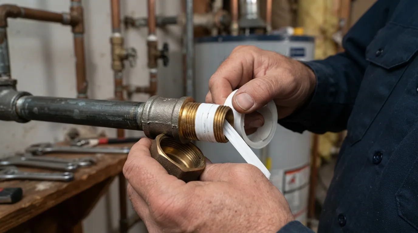 Close-up of hands correctly wrapping white Teflon tape clockwise around a pipe's threaded metal fitting to troubleshoot and fix a plumbing leak.