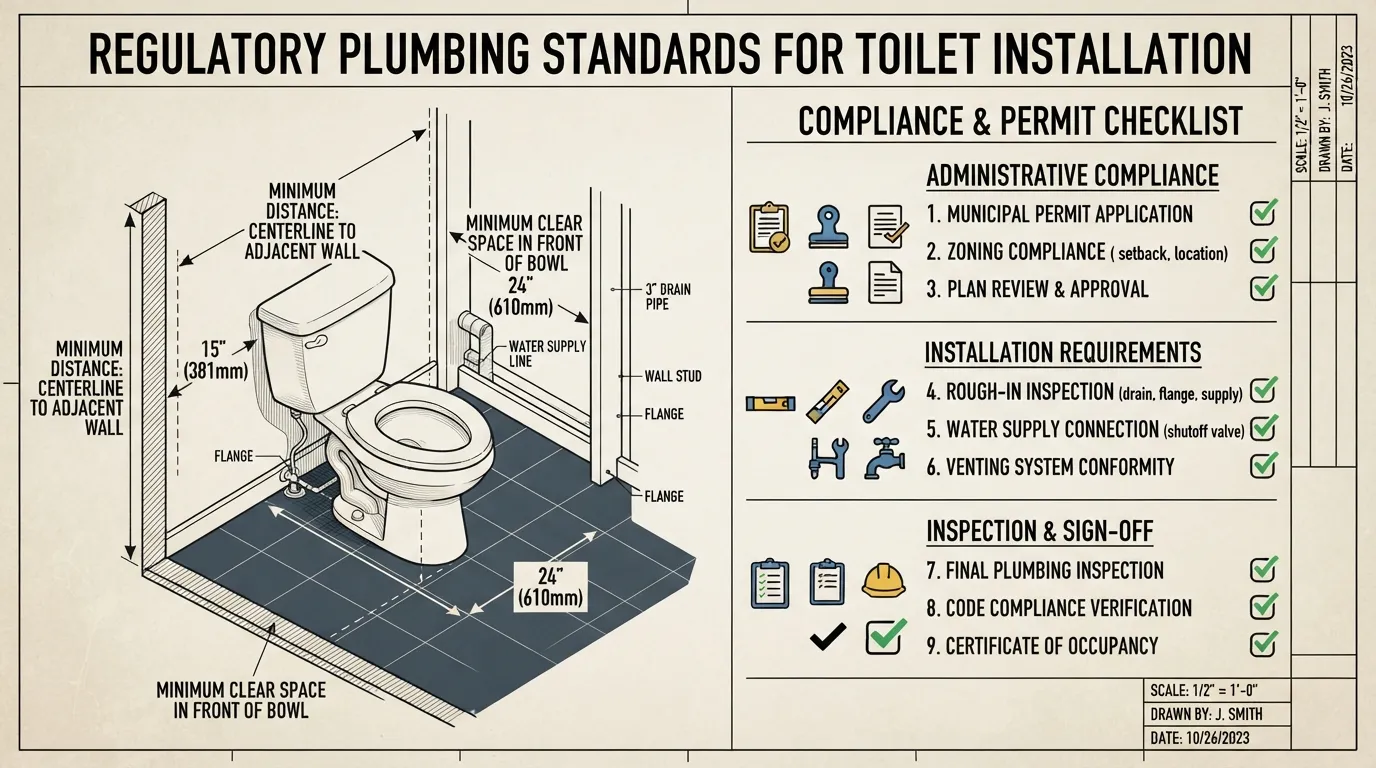 Blueprint-style technical diagram showing minimum toilet plumbing code clearances, setback dimensions from walls and fixtures, and a permit checklist symbol.