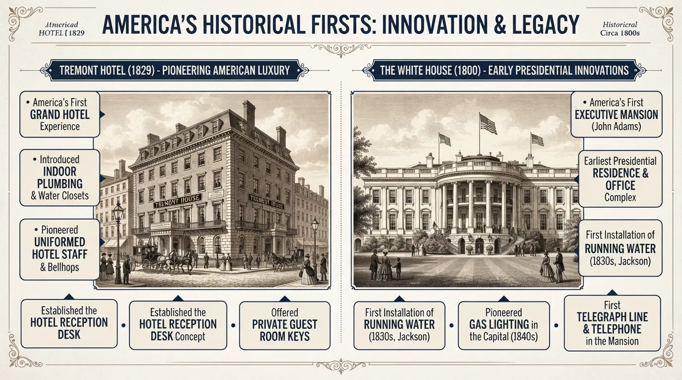 A historical collage featuring the exterior of the historic Tremont Hotel in Boston and the White House, highlighting landmark architectural and operational "firsts" in American history.