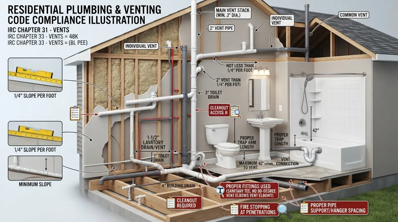 A clear plumbing diagram illustrating proper vent pipe slope, sanitary tees, and trap arm connections meeting standard plumbing code requirements.