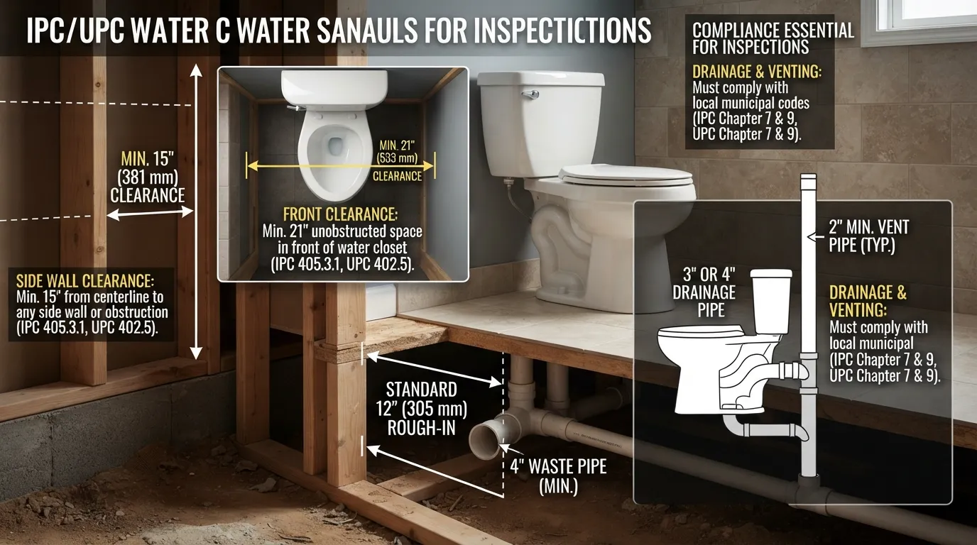 Technical architectural diagram and checklist showing standard water closet plumbing code clearance requirements, fixture placement, and drainage sizing.