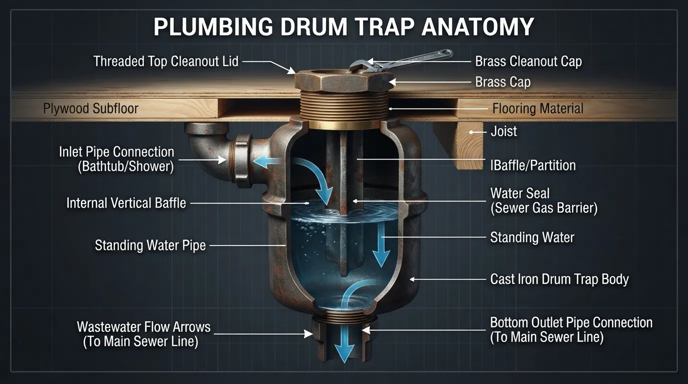 Cross-section diagram of a plumbing drum trap showing its cylindrical metal or PVC body, internal baffle, and inlet/outlet pipes beneath a bathtub or shower drain.