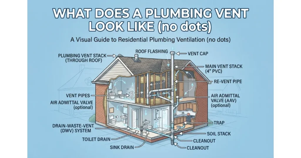 An educational cutaway diagram of a residential plumbing system illustrating the appearance and function of vent pipes, roof stacks, and AAVs.