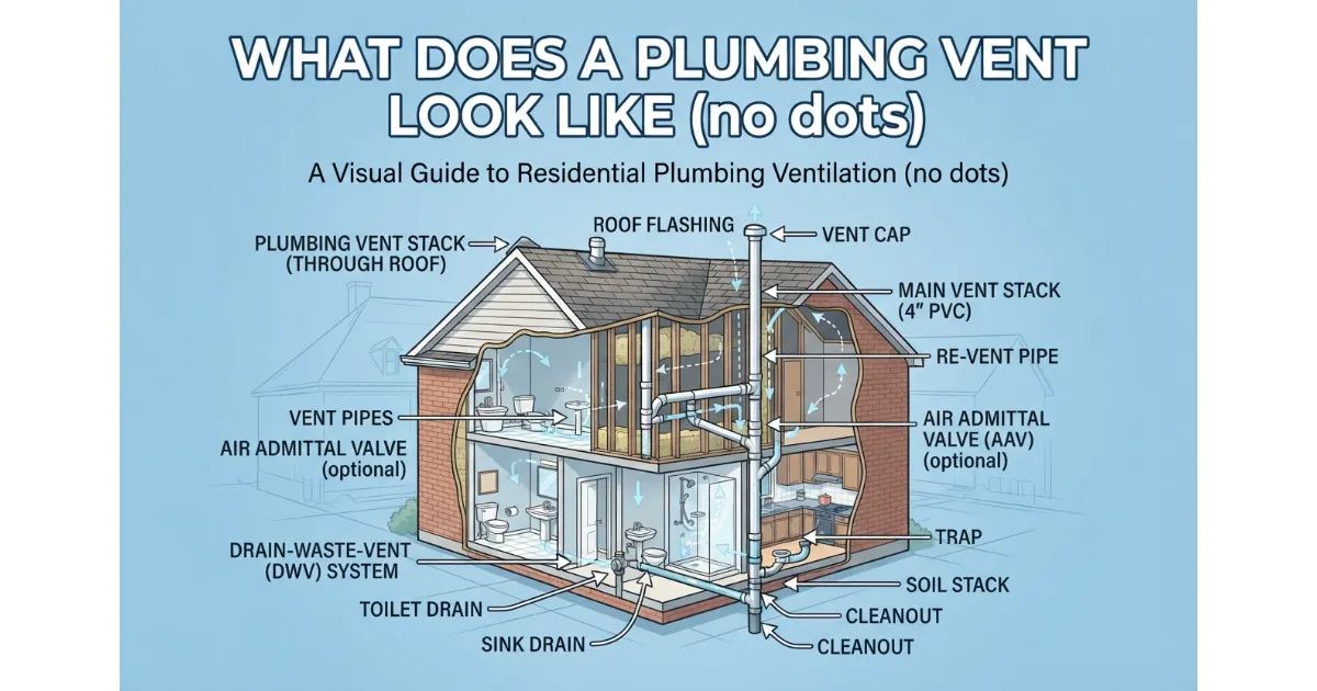 An educational cutaway diagram of a residential plumbing system illustrating the appearance and function of vent pipes, roof stacks, and AAVs.