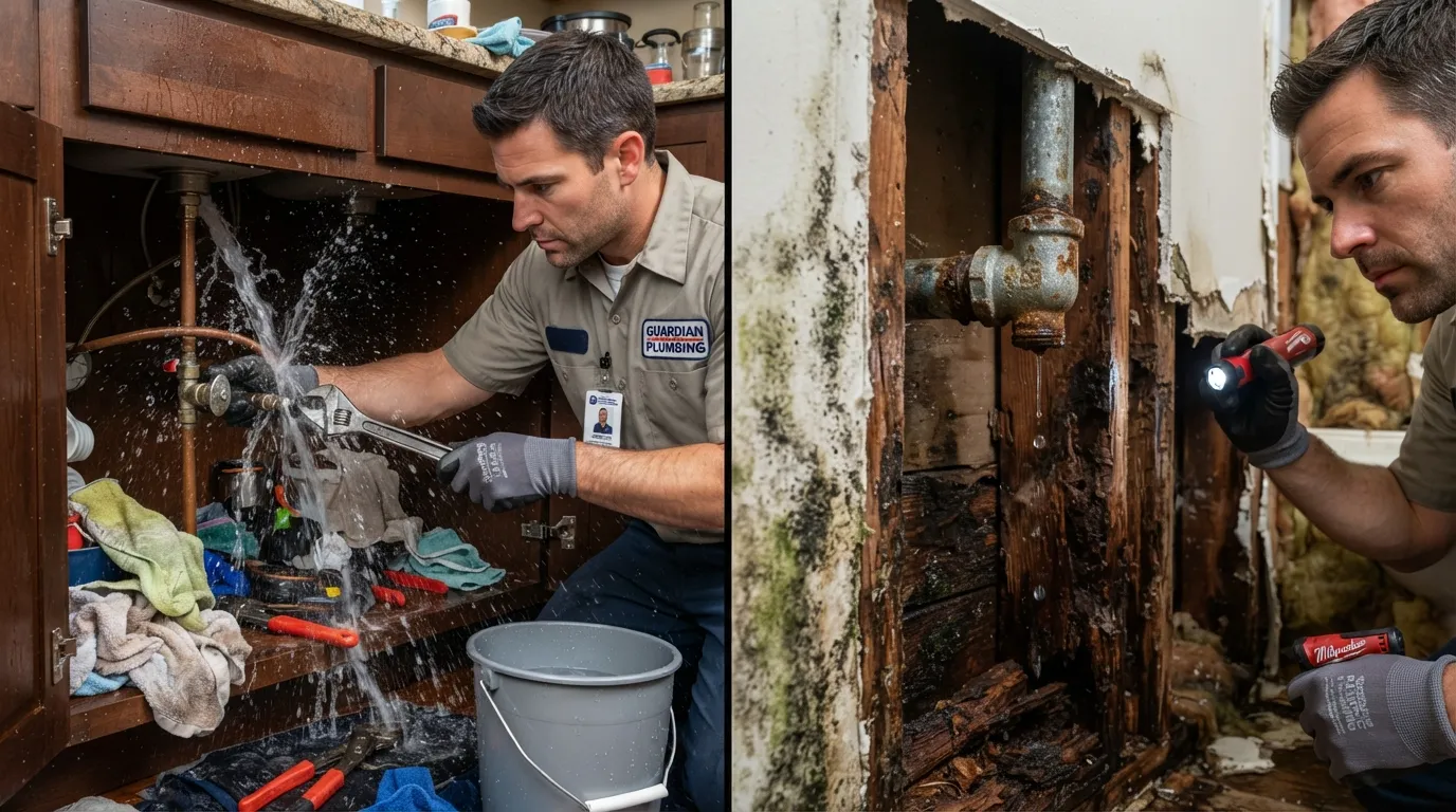 A split comparison photograph showing a covered sudden pipe burst on one side and an excluded long-term slow bathroom leak with mold on the other side.