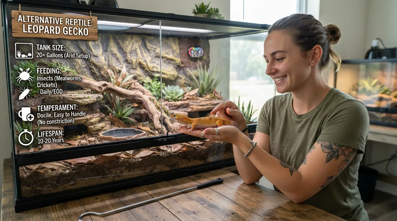 A person holding an alternative reptile pet, such as a bearded dragon or corn snake alternative, to illustrate options when a snake is not available.